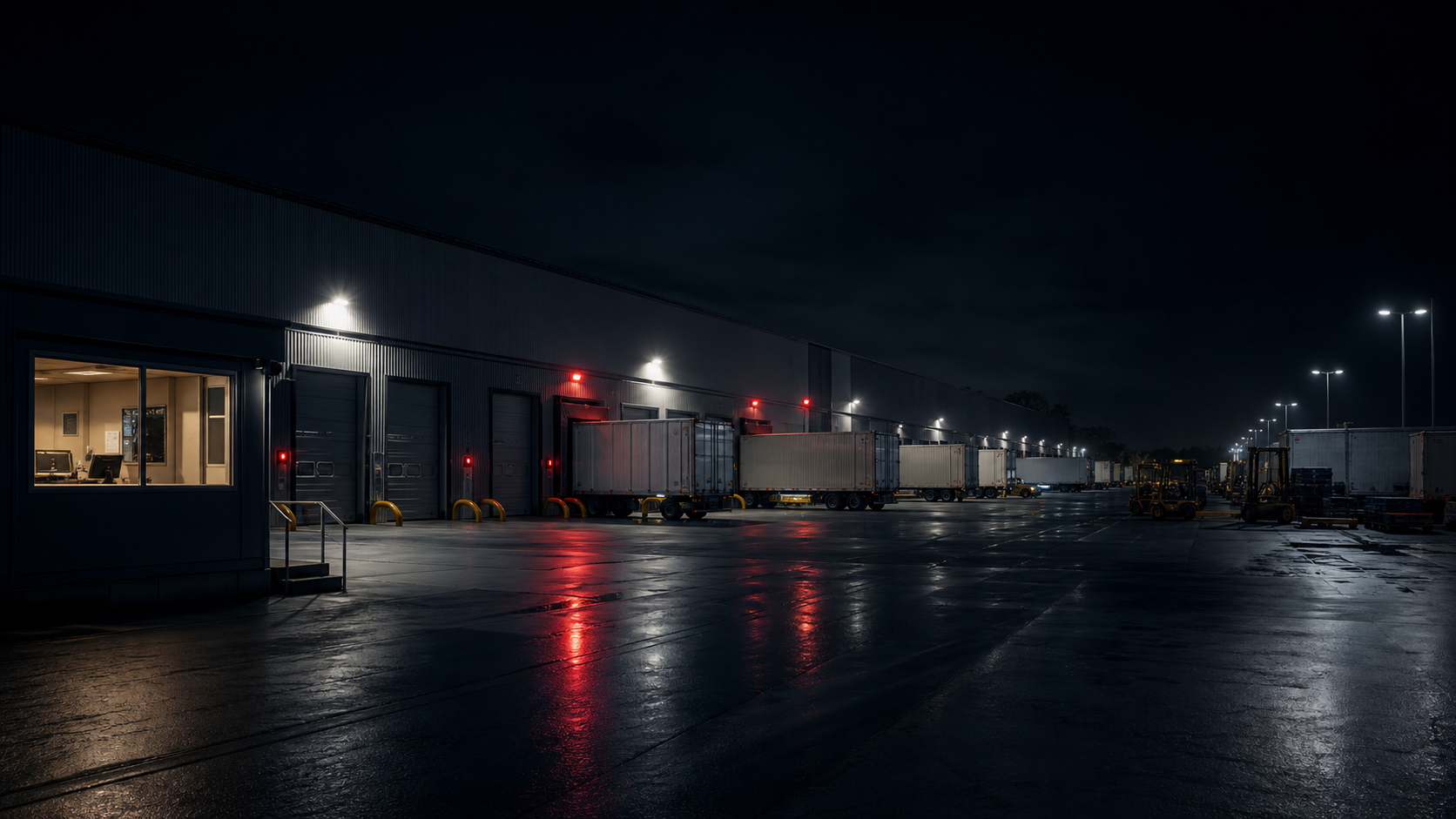 European logistics facility and loading docks at night.